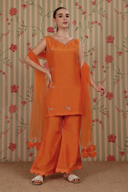 Nitisha Kashyap Official Orange Silk, Net Embroidery, Sequins, Sleeveless Kurta Bell Bottom Pant Set 