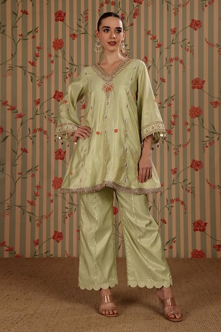 Nitisha Kashyap Official Lime Cotton Embroidery, Beads, Mirrors, Tassels V-neck A-line Kurta With Pant 