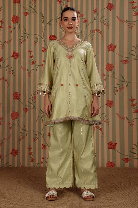 Buy_Nitisha Kashyap Official_Lime Cotton Embroidery, Beads, Mirrors, Tassels V-neck A-line Kurta With Pant _Online_at_Aza_Fashions