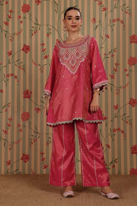 Buy_Nitisha Kashyap Official_Fuchsia Cotton Embroidery, Sequins, Beads Round Neck A-line Kurta And Pant Set _Online_at_Aza_Fashions