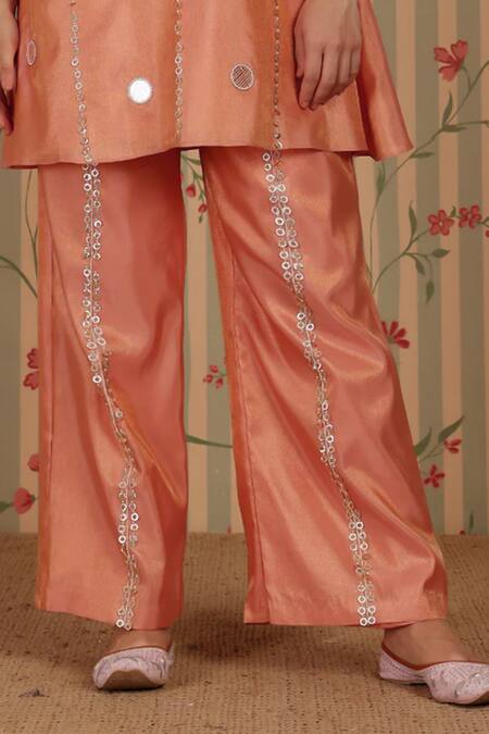 Nitisha Kashyap Official_Peach Cotton Beads, Embroidery, Mirrors, Sequins, Tassels Sleeve Kurta With Pant _Online_at_Aza_Fashions