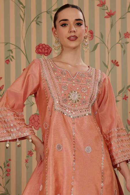 Buy_Nitisha Kashyap Official_Peach Cotton Beads, Embroidery, Mirrors, Sequins, Tassels Sleeve Kurta With Pant _Online_at_Aza_Fashions