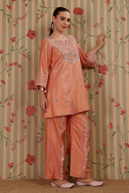 Shop_Nitisha Kashyap Official_Peach Cotton Beads, Embroidery, Mirrors, Sequins, Tassels Sleeve Kurta With Pant _Online_at_Aza_Fashions