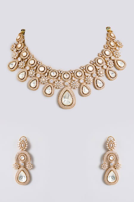 Shop_Auraa Trends_Gold Plated Stones, Pearls Kundan Polki Choker Necklace Set _at_Aza_Fashions