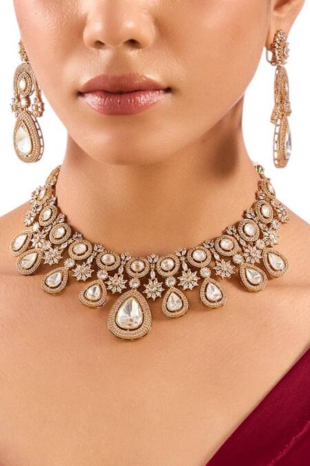 Buy_Auraa Trends_Gold Plated Stones, Pearls Kundan Polki Choker Necklace Set _Online_at_Aza_Fashions