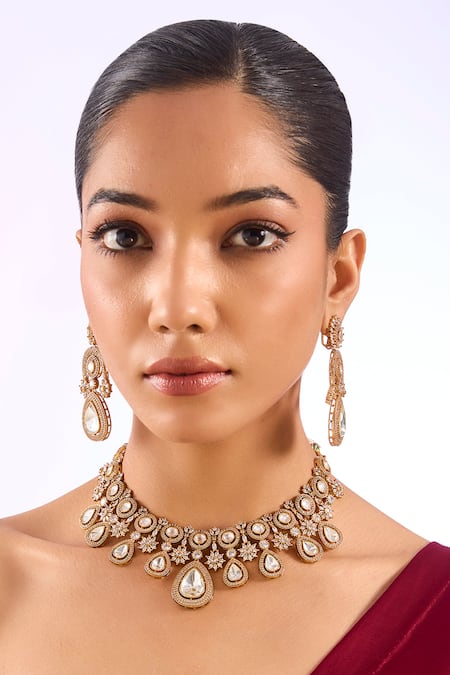 Auraa Trends Gold Plated Stones, Pearls Kundan Polki Choker Necklace Set 