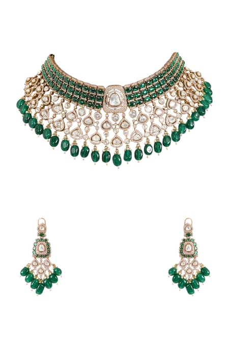 Buy_Auraa Trends_Green Beads, Stones, Rhinestones Kundan Polki And Emerald Choker Set _Online_at_Aza_Fashions