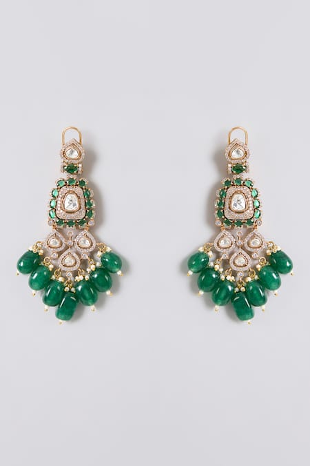 Shop_Auraa Trends_Green Beads, Stones, Rhinestones Kundan Polki And Emerald Choker Set _Online_at_Aza_Fashions