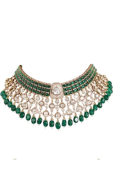 Auraa Trends_Green Beads, Stones, Rhinestones Kundan Polki And Emerald Choker Set _at_Aza_Fashions