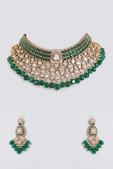 Auraa Trends Kundan Polki & Emerald Bead Choker Set 