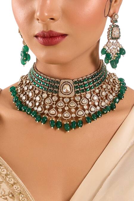Buy_Auraa Trends_Green Beads, Stones, Rhinestones Kundan Polki And Emerald Choker Set 