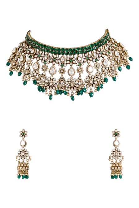 Buy Auraa Trends Green Stones, Beads Kundan Polki And Deep Choker Set Online at Aza Fashions Buy_Auraa Trends_Green Stones, Beads Kundan Polki And Deep Choker Set_Online_at_Aza_Fashions