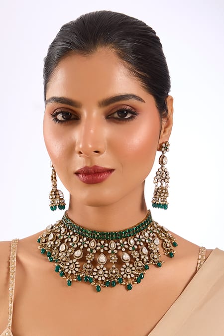 Auraa Trends Green Stones, Beads Kundan Polki And Deep Choker Set
