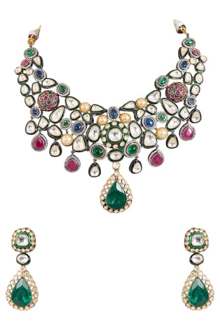 Shop_Auraa Trends_Gold Plated Stones Kundan Polki And Multi-colored Choker Set_Online_at_Aza_Fashions
