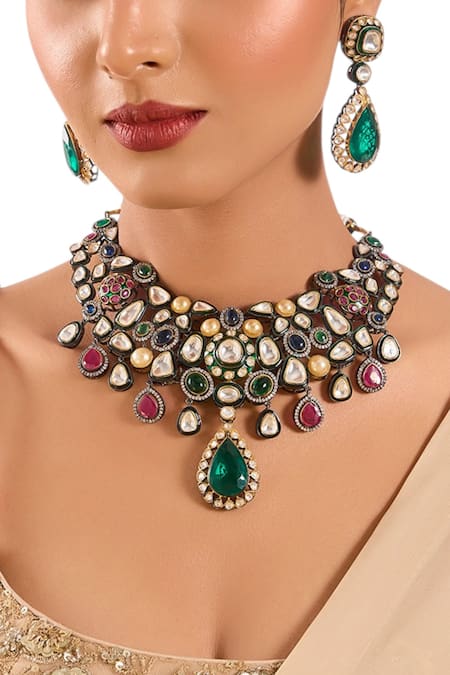 Auraa Trends Gold Plated Stones Kundan Polki And Multi-colored Choker Set