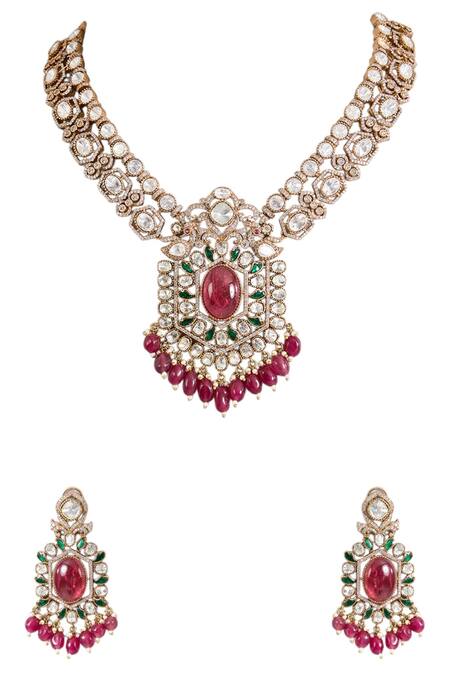 Buy_Auraa Trends_Multi Color Gemstones, Beads, Pearls Kundan Polki And Ruby Stone Necklace Set_Online_at_Aza_Fashions
