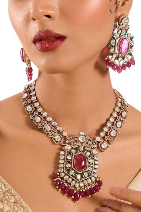 Auraa Trends_Multi Color Gemstones, Beads, Pearls Kundan Polki And Ruby Stone Necklace Set_at_Aza_Fashions