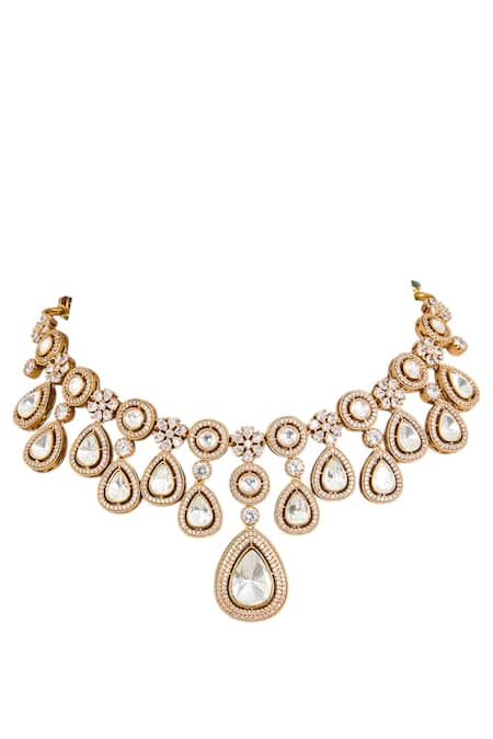 Buy_Auraa Trends_Gold Plated Faux Diamonds, Stones Kundan-style Teardrop Choker Necklace Set _Online_at_Aza_Fashions