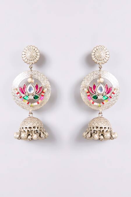 Auraa Trends_Multi Color Beads, Stones Oxidized Silver Enamel Lotus Motif Necklace Set_Online_at_Aza_Fashions