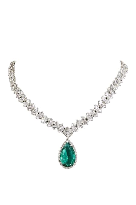 Buy_Auraa Trends_Silver Plated Crystals, Diamond-cut Zircon Necklace Set With Teardrop Pendant_Online_at_Aza_Fashions