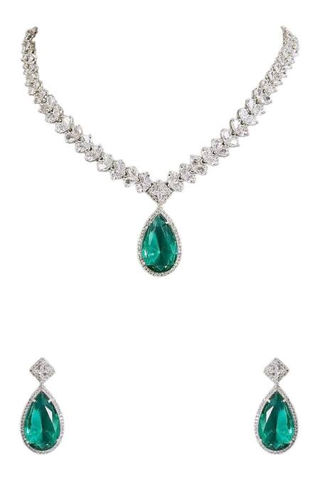 Shop_Auraa Trends_Silver Plated Crystals, Diamond-cut Zircon Necklace Set With Teardrop Pendant_Online_at_Aza_Fashions