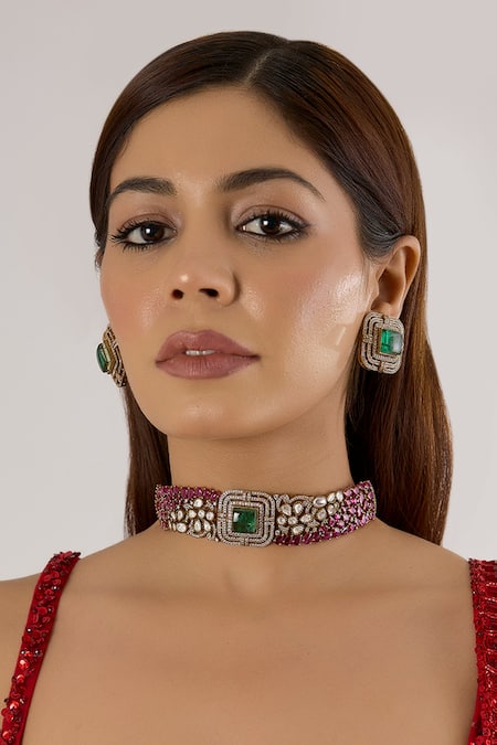 Auraa Trends Gold Plated Stones, Crystals Zircon And Ruby Kundan Choker & Earring Set 