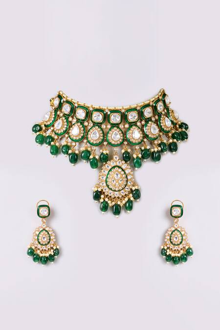 Shop Auraa Trends Green Gemstones, Pearls Kundan And Embellished Necklace Set at Aza Fashions Shop_Auraa Trends_Green Gemstones, Pearls Kundan And Embellished Necklace Set_at_Aza_Fashions