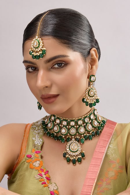 Auraa Trends Green Gemstones, Pearls Kundan And Embellished Necklace Set 
