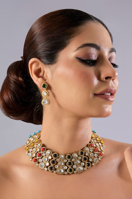 Auraa Trends Multi Color Stones, Beads Kundan Polki And Navratna Necklace Set 
