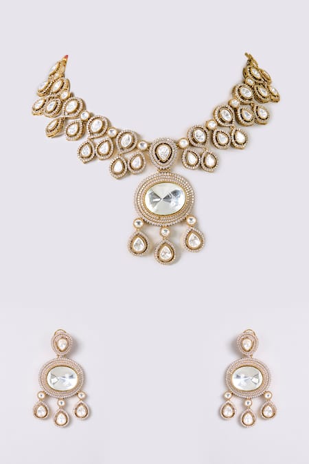Shop Auraa Trends Gold Plated Stones Kundan Polki Studded Necklace And Earring Set at Aza Fashions Shop_Auraa Trends_Gold Plated Stones Kundan Polki Studded Necklace And Earring Set_at_Aza_Fashions