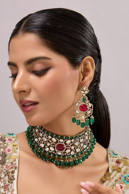 Auraa Trends Green Stones, Pearls Kundan Polki And Multi-colored Necklace Set 