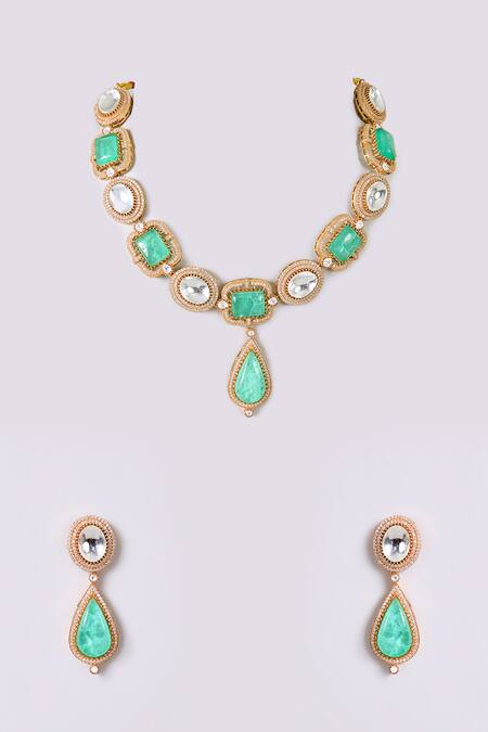 Shop Auraa Trends Gold Plated Stones, Pearls Kundan Polki And Green Necklace Set at Aza Fashions Shop_Auraa Trends_Gold Plated Stones, Pearls Kundan Polki And Green Necklace Set_at_Aza_Fashions