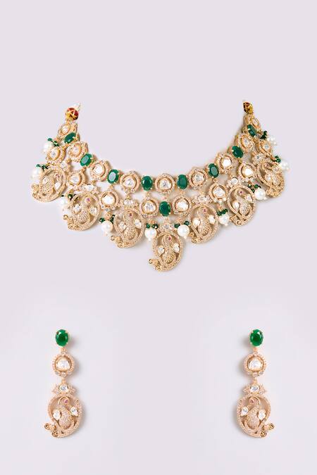 Shop Auraa Trends Gold Plated Stones, Pearls Kundan Polki And Green Necklace Set at Aza Fashions Shop_Auraa Trends_Gold Plated Stones, Pearls Kundan Polki And Green Necklace Set_at_Aza_Fashions
