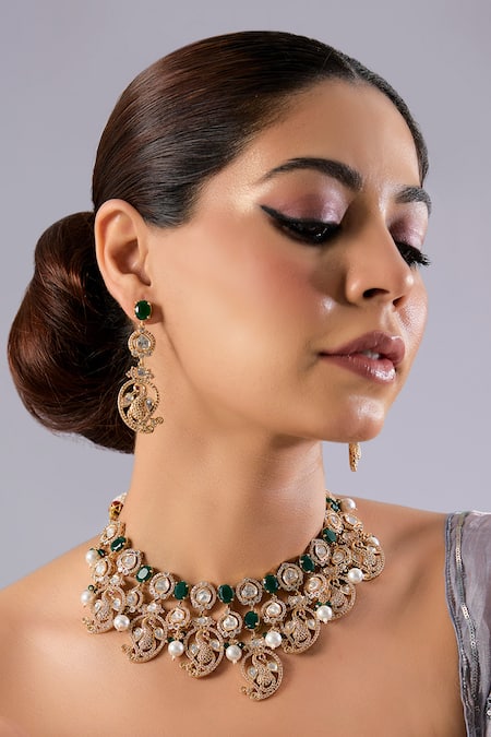 Auraa Trends Gold Plated Stones, Pearls Kundan Polki And Green Necklace Set 