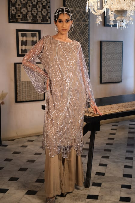 Esha L Amin Beige Net, Crepe Embroidery, Sequins Keyhole Neck Kurta 