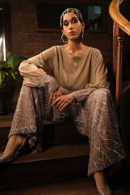 Esha L Amin_Beige Net, Crepe Sequins Embroidered Pant _Online_at_Aza_Fashions