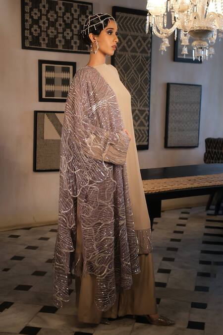 Buy_Esha L Amin_Beige Georgette, Net Embroidery, Sequins Round Neck Cuff Kurta _Online_at_Aza_Fashions