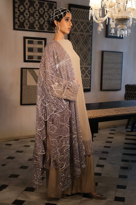 Buy_Esha L Amin_Beige Net Embroidery, Sequins Dupatta _Online_at_Aza_Fashions