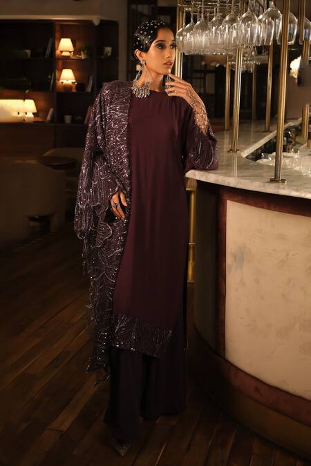 Esha L Amin_Purple Georgette, Net Sequins, Embroidery Round Neck Cuff Kurta _Online_at_Aza_Fashions