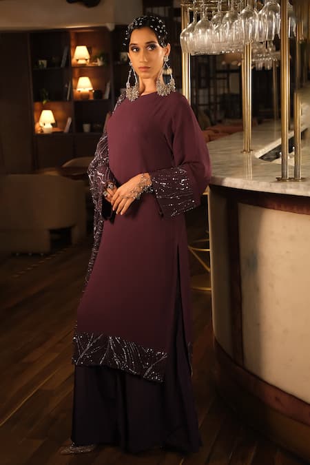 Esha L Amin_Purple Net Sequins, Embroidery Dupatta _Online_at_Aza_Fashions