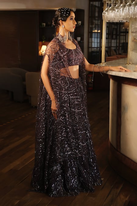 Shop_Esha L Amin_Purple Net, Crepe Sequins, Embroidery Lehenga _Online_at_Aza_Fashions
