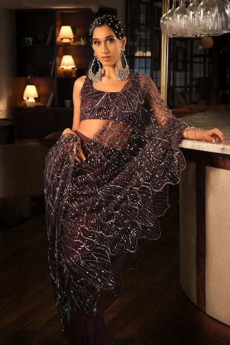 Esha L Amin_Purple Net, Crepe Embroidery, Sequins Pre-draped Saree _Online_at_Aza_Fashions