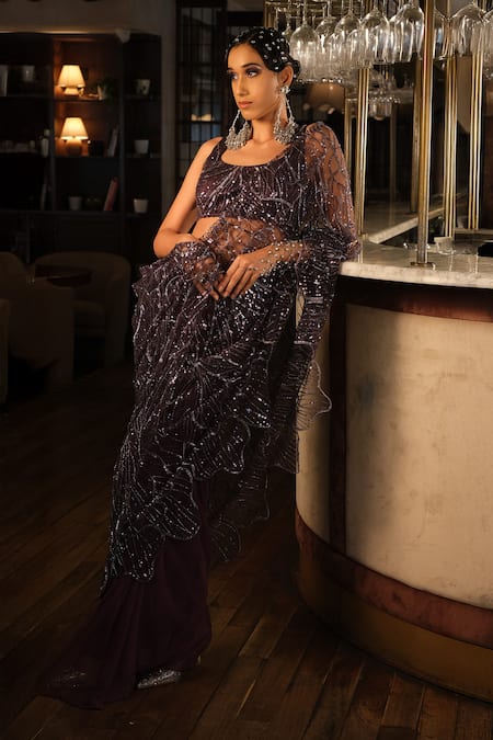 Esha L Amin Purple Pre-Draped Embroidered Saree 