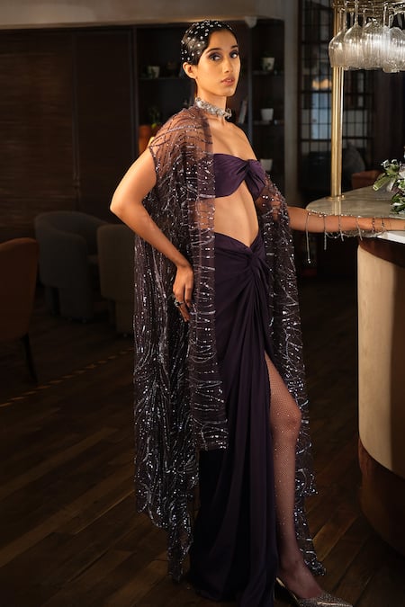 Esha L Amin_Purple Crepe Knotted Sarong Skirt _Online_at_Aza_Fashions