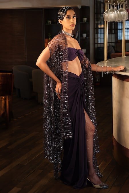 Buy_Esha L Amin_Purple Crepe Sweetheart Neck Knotted Strapless Bralette _Online_at_Aza_Fashions