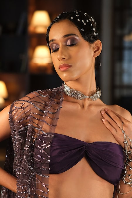Esha L Amin Purple Crepe Sweetheart Neck Knotted Strapless Bralette 
