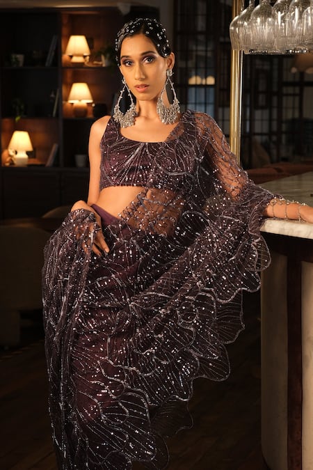 Esha L Amin_Purple Net, Crepe Sequins, Embroidery V-neck Blouse _Online_at_Aza_Fashions