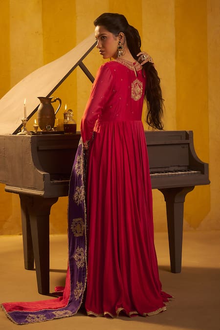 Shop Hirika & Dhruti Red Silk, Organza Embroidery, Sequins, Beads Dori Tikki Work Anarkali And Dupatta at Aza Fashions Shop_Hirika & Dhruti_Red Silk, Organza Embroidery, Sequins, Beads Dori Tikki Work Anarkali And Dupatta _at_Aza_Fashions