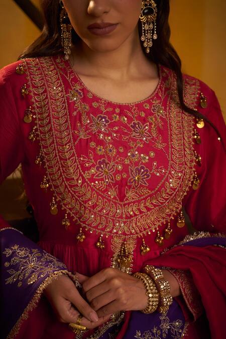 Shop Hirika & Dhruti Red Silk, Organza Embroidery, Sequins, Beads Dori Tikki Work Anarkali And Dupatta Online at Aza Fashions Shop_Hirika & Dhruti_Red Silk, Organza Embroidery, Sequins, Beads Dori Tikki Work Anarkali And Dupatta _Online_at_Aza_Fashions