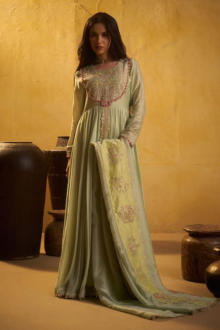 Hirika & Dhruti Green , , Zari, Zardosi Tikki Anarkali And Dupatta Online at Aza Fashions Hirika & Dhruti_Green , , Zari, Zardosi Tikki Anarkali And Dupatta _Online_at_Aza_Fashions